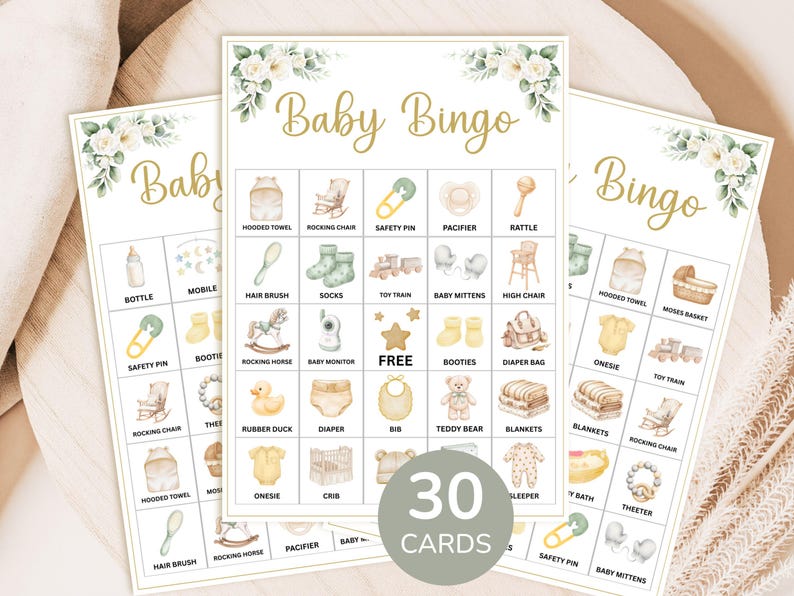 30 Prefilled Baby Shower Bingo Cards, Neutral Printable Baby Bingo Pictures, Instant Download