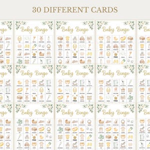 May include: A set of 30 Baby Bingo cards with a floral design. Each card features a grid of baby-related images and the words "Baby Bingo" in gold script. The text "30 DIFFERENT CARDS" is at the top.