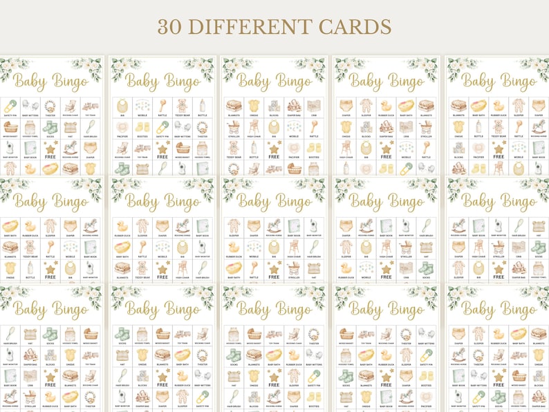 May include: A set of 30 Baby Bingo cards with a floral design. Each card features a grid of baby-related images and the words "Baby Bingo" in gold script. The text "30 DIFFERENT CARDS" is at the top.