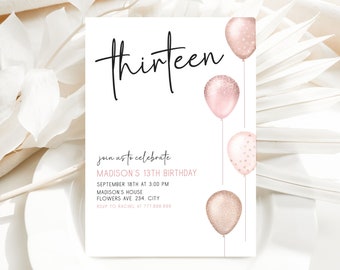 13th Birthday Invitation Editable, Thirteen Birthday Invite, Girl Birthday Party Digital Download