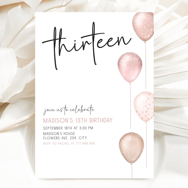 13th Birthday Invitation Editable, Thirteen Birthday Invite, Girl Birthday Party Digital Download