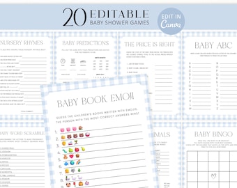 Blue Gingham Baby Shower Games Bundle Editable, Fun Printable Games, Canva