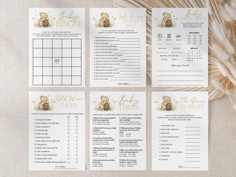Winnie-The-Pooh Baby Shower Games Bundle, Neutral Game Package, Canva Printable image 5