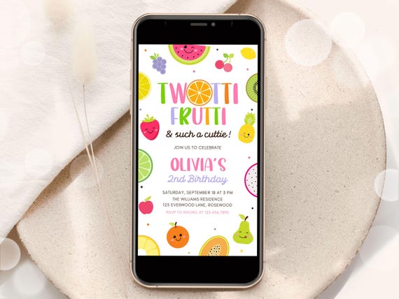Twotti Frutti 2nd Birthday Invitation, Girl Birthday Evite (Canva Template)