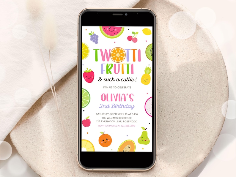 Twotti Frutti Phone Invitation Editable, Fruit 2nd Birthday Evite, Girl Second Birthday Text Invite Canva Template