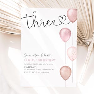 Girl's 3rd Birthday Invitation, Pink Balloons, Editable Canva (Digital Download) image 5