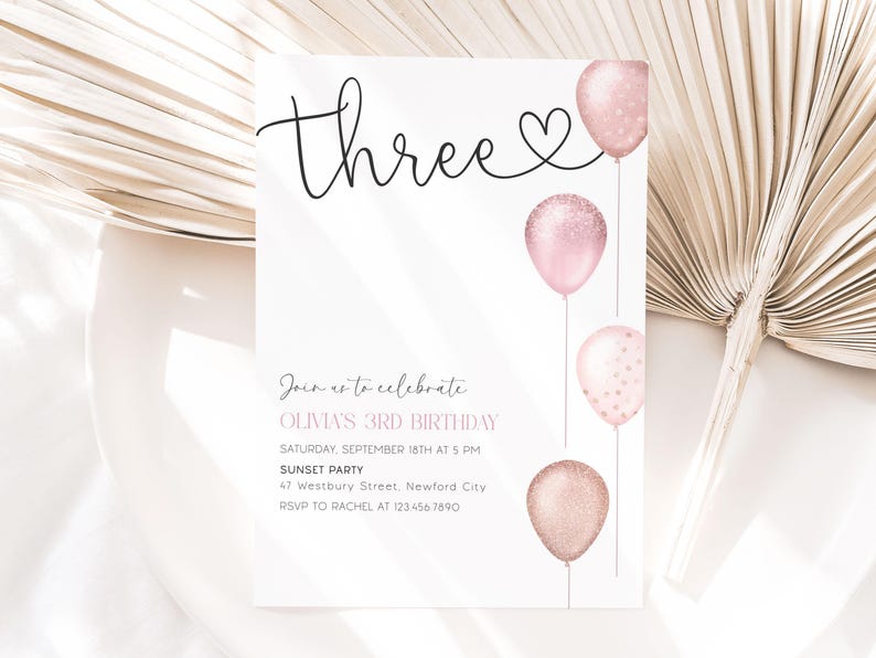 Girl's 3rd Birthday Invitation, Pink Balloons, Editable Canva (Digital Download) image 5
