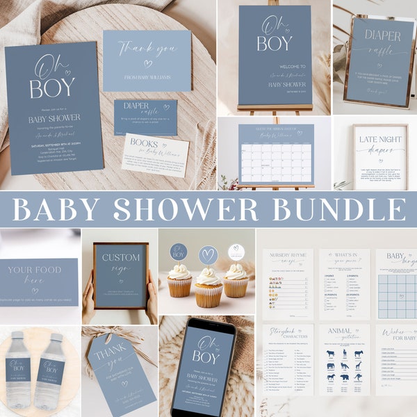 Paquete de baby shower Oh Boy editable, plantillas de baby shower en azul polvoriento, decoraciones minimalistas para baby shower y paquete de juegos