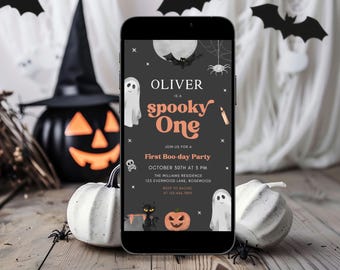 Halloween 1st Birthday Digital Invitation, Spooky One Boy Phone Evite, Ghost Text Invite Canva