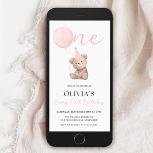 Beary First Birthday Girl Electronic Invitation,  Pink Bear Balloon 1st Birthday Phone Invite, Girl Teddy Bear Evite Template