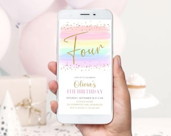 Pastel Rainbow 4th Birthday E Invite, Girl Fourth Birthday Evite, Digital Canva Template