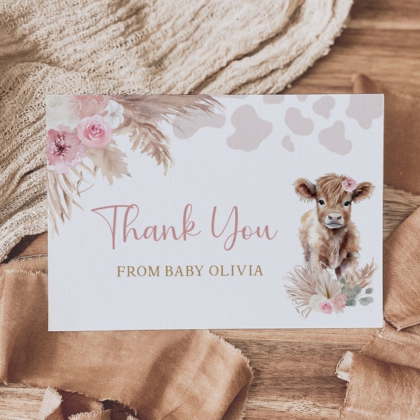 Highland Cow Baby Shower Thank You Card Folded Template Pink Boho Printable Baby Cow Editable Thank You Notes | HCG