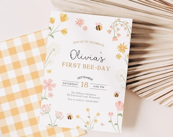 1st Bee Day Invitation Editable, Floral Girl First Birthday Invite, Canva Template