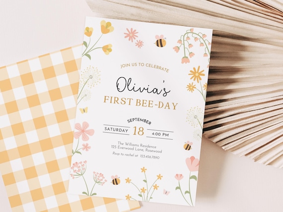 1st Bee Day Invitation Editable, Floral Girl First Birthday Invite, Canva Template