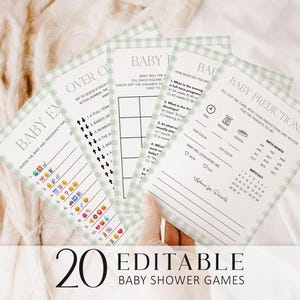 May include: A collection of 20 editable baby shower games. The cards have a light green gingham border and include games like "Baby Predictions" and "Baby Emoji". The text "20 Editable Baby Shower Games" is at the bottom.