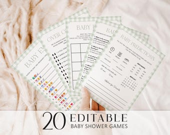 Gry na baby shower w kolorze zielonym, edytowalny zestaw neutralnych gier, wydruk Canva