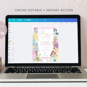 Pode incluir: Um laptop exibe um convite de anivers&aacute;rio com tema de princesa rosa e dourado. O design apresenta ilustra&ccedil;&otilde;es de princesas e o texto "Forever a Princess". O logotipo da Canva tamb&eacute;m &eacute; vis&iacute;vel.