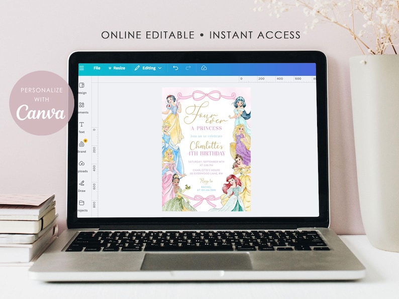 Pode incluir: Um laptop exibe um convite de anivers&aacute;rio com tema de princesa rosa e dourado. O design apresenta ilustra&ccedil;&otilde;es de princesas e o texto "Forever a Princess". O logotipo da Canva tamb&eacute;m &eacute; vis&iacute;vel.