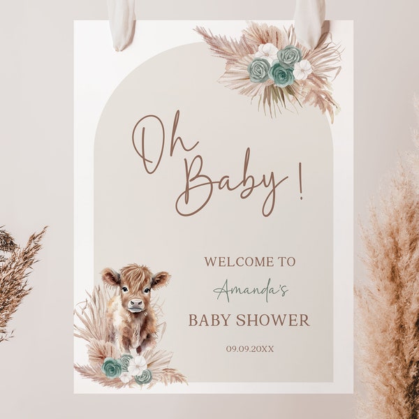 Cow Themed Baby Shower Welcome Sign Editable Pampas Highland Cow Welcome Poster Template Sage Green Floral | HCS