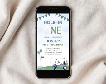 Editable Hole in One Birthday Evite, Golf First Birthday Phone Invitation, Electronic Invite Canva