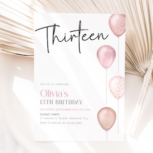 13th Birthday Invitation Editable, Thirteen Birthday Invite Pink Balloons, Girl Digital Birthday Party Canva