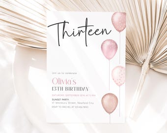 13th Birthday Invitation, Pink Balloons, Editable Template (Digital)