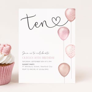 Girl 10th Birthday Invitation Editable Pink Glitter Balloons, Modern Birthday Digital Canva Template