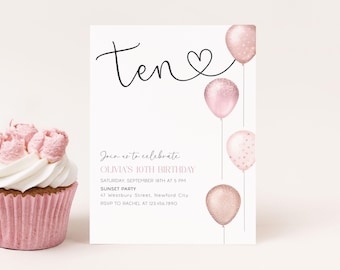 Girl 10th Birthday Invitation Editable Pink Glitter Balloons, Modern Birthday Digital Canva Template