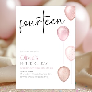14th Birthday Pink Digital Invitation for Girl, Editable Glitter Balloons Fourteen Invite, Teen Birthday Canva Template