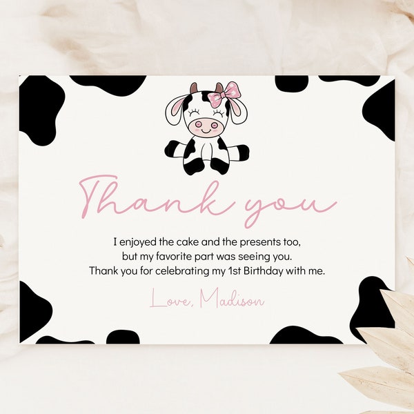 Girl Cow Birthday Thank You Card Editable Thank You Notes Pink Cow Digital Download