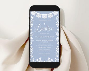 Cielito Lindo 洗礼招待状デジタル、スペインの少年バウティソ・エビテ、Canva テンプレート