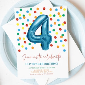 Invito per il 4° compleanno di un bambino con coriandoli colorati, invito con 4 palloncini modificabile, modello Corjl stampabile