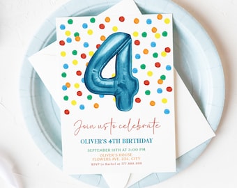 4th Birthday Invitation Boy Colorful Confetti, 4 Balloon Invite Editable, Corjl Template Printable