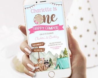 Girl Happy Camper First Birthday Evite Template Pink Floral Woodland Animals Editable
