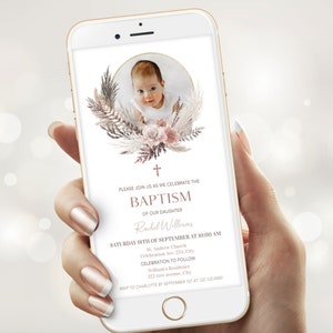 Convite eletrônico de batismo estilo boho com foto, convite de batismo floral para meninas, convite com mensagem de texto editável