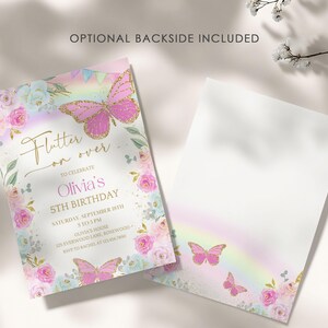 Rainbow Butterfly Birthday Invitation, Editable Whimsical Floral Invite, Canva Template image 4