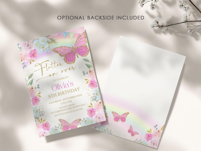 Rainbow Butterfly Birthday Invitation, Editable Whimsical Floral Invite, Canva Template image 4