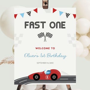 Fast One Birthday Welcome Sign, Editable in Canva, Red Race Car Party Decor, 1st Birthday Sign Printable