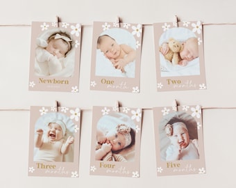 Boho Daisy 12 Month Photo Banner, Girl First Birthday Milestone (Canva Template)