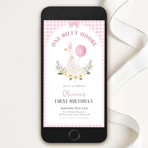 Goose 1st Birthday Girl Evite, One Silly Goose Birthday Electronic Invite, Pink Gingham First Birthday Text Invite, Canva Template