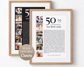 Peut inclure: Deux affiches encadrées présentant un collage de six photographies à gauche et le texte 50 reasons we love you à droite. Les affiches sont présentées dans des cadres en bois clair, l'une avec un fond noir et l'autre avec un fond blanc.