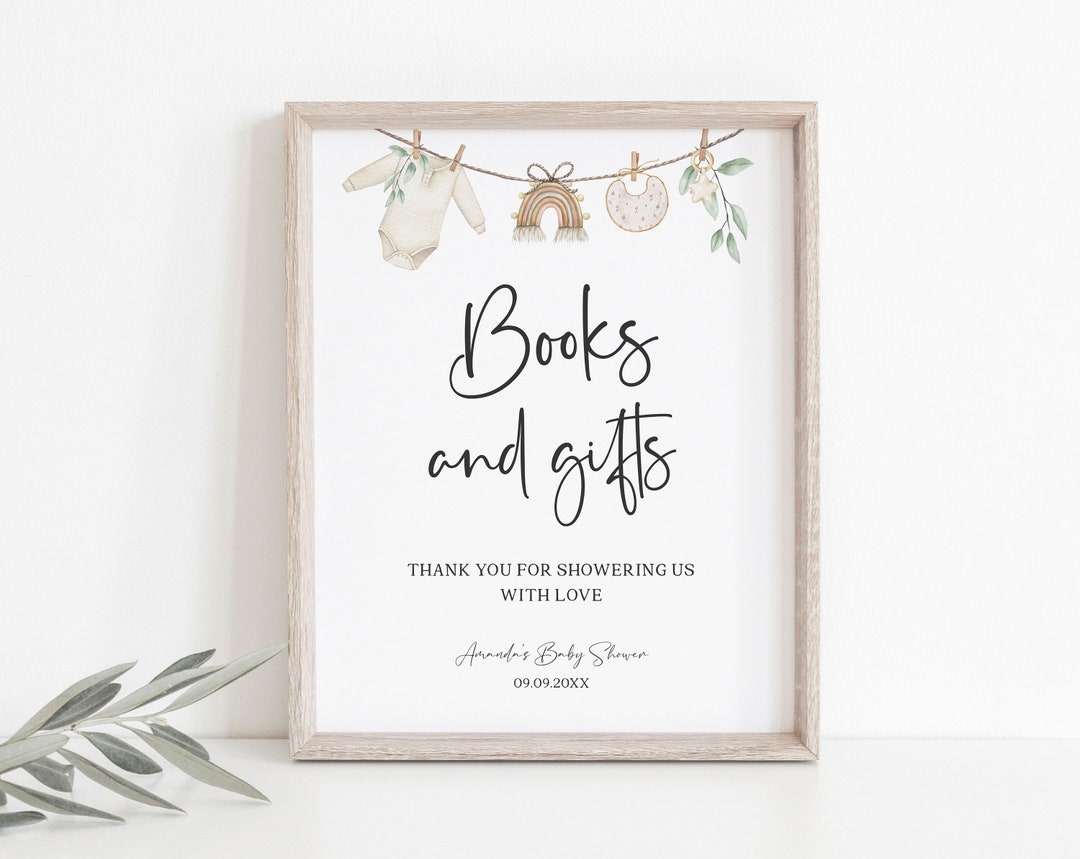 Books and Gifts Baby Shower Sign Editable, Clothesline Neutral Baby ...