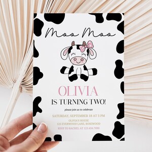 Faire-part 2e anniversaire de vache pour fille, modèle de toile modifiable Moo Moo image 2