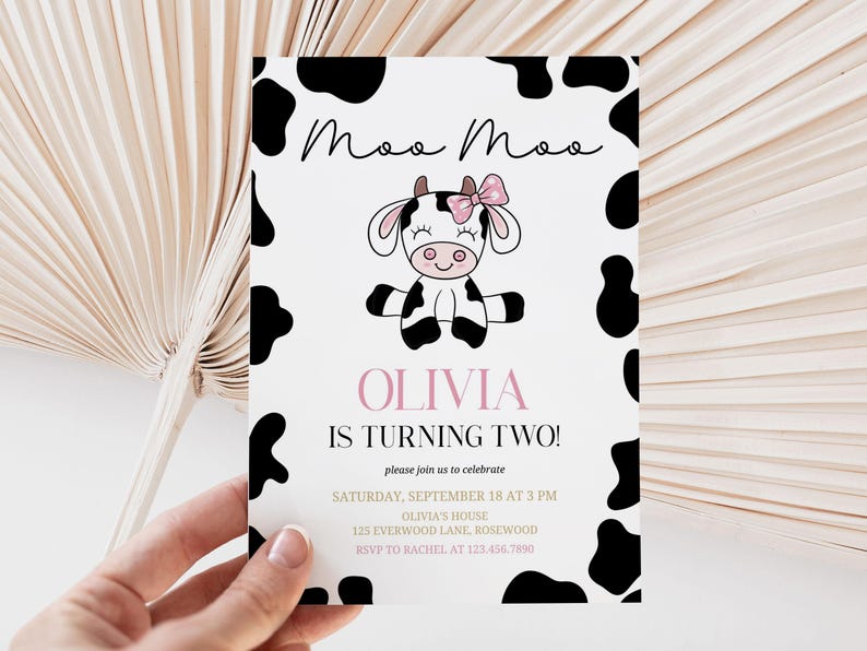 Faire-part 2e anniversaire de vache pour fille, modèle de toile modifiable Moo Moo image 2