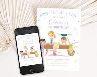 Gymnastics Birthday Party Invitation Editable, Boys and Girls Gymnast Party, Canva Template