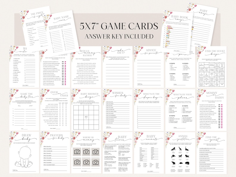 May include: A collection of 5x7 inch baby shower game cards with an answer key. The cards feature floral accents and various game prompts like "Baby Name," "Would Mommy Rather," and "Baby Bingo." The design is primarily white with pink and green floral elements.