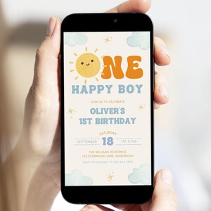 One Happy Boy Birthday Evite, Sun 1st Birthday Text Invitation, Canva Template image 2