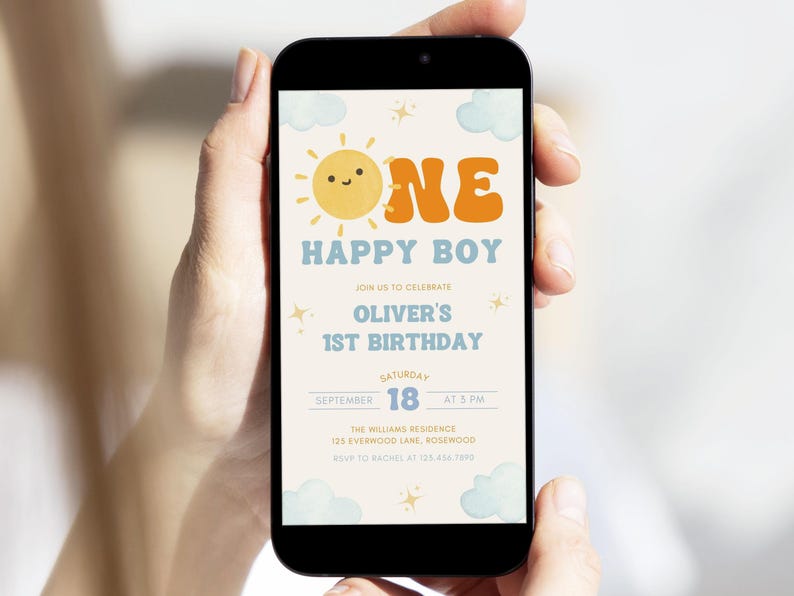 One Happy Boy Birthday Evite, Sun 1st Birthday Text Invitation, Canva Template image 2