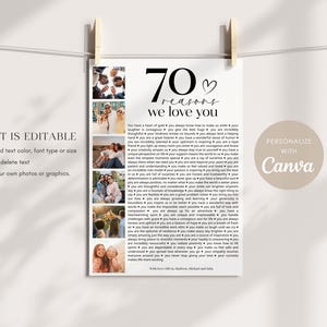May include: A printable poster with a black and white design featuring 70 reasons to love someone. The poster includes a heart icon and a list of reasons. The poster is customizable with photos and text. The poster is designed to be personalized with Canva.