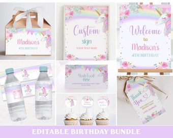 Unicorn Birthday Party Bundle Editable, Rainbow Unicorn Welcome Sign, Gable Box, Bottle Labels, Printable Decorations Corjl Template